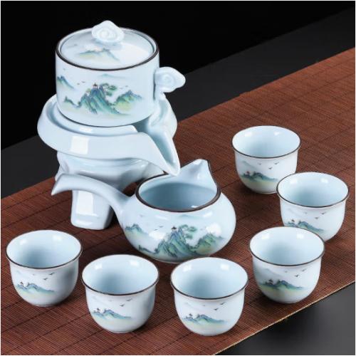琦轩源 青瓷自动茶具套装家用茶壶客厅高档懒人功夫茶杯用品泡茶神器 青瓷山鸟自动茶具六杯9件套