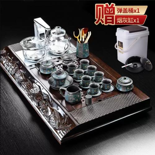 圣藏黑檀木茶盘茶具套装家用一体式茶台会客功夫茶具茶盏整套托盘